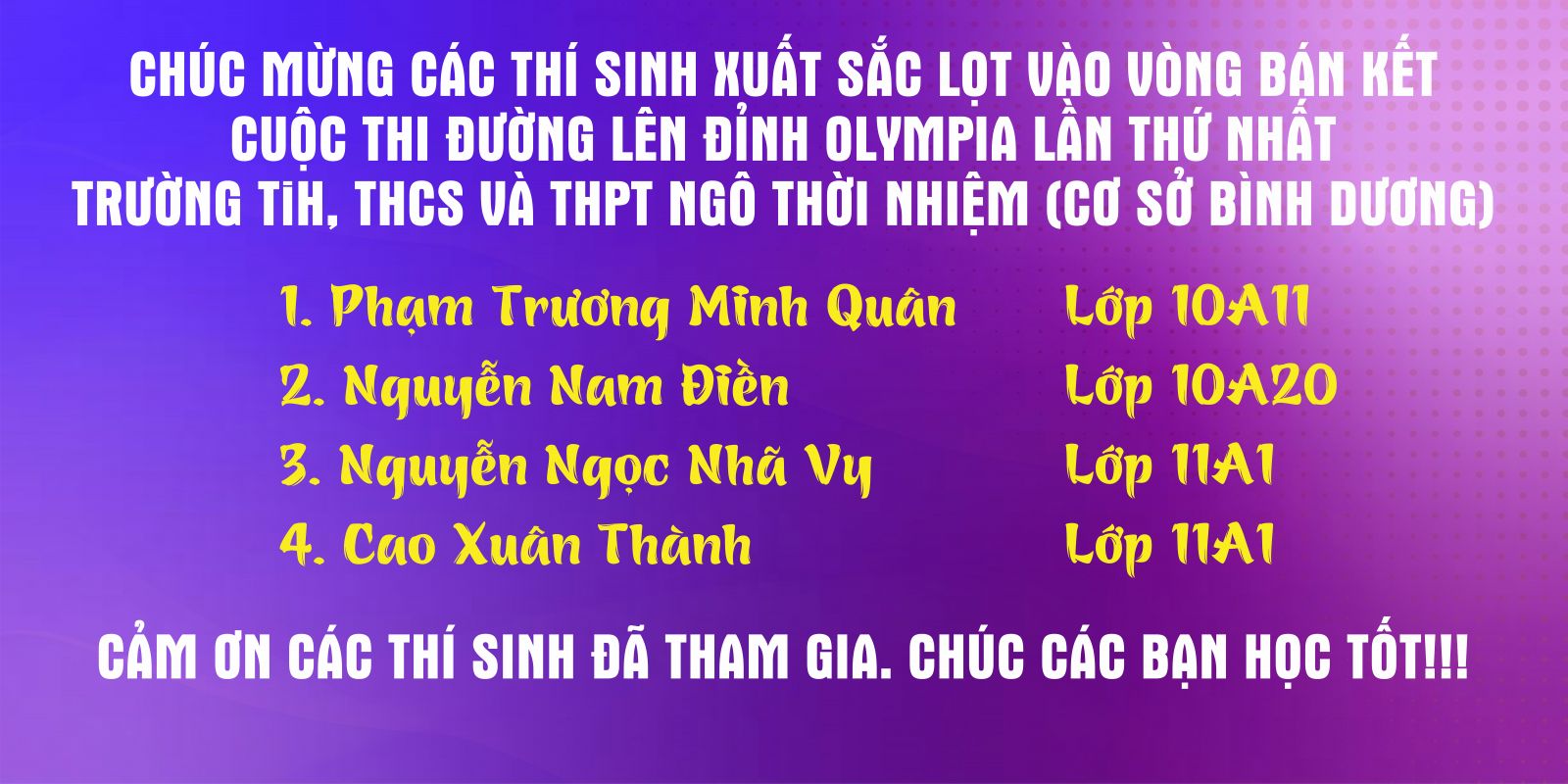 Danh sách học sinh vào vòng bán kết cuộc thi Đường lên đỉnh Olympia - Lần 1