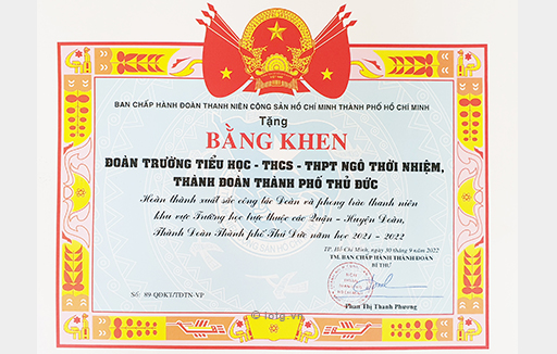 Bằng khen Đã hoàn thành xuất sắc công tác Đoàn và phong trào thanh niên khu vực trường học trực thuộc các Quận - Huyện Đoàn thành Đoàn thành phố Thủ Đức năm học 2021-2022