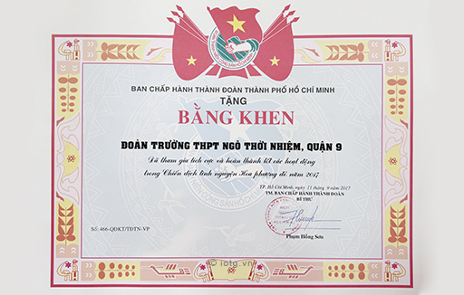 Bằng khen Đoàn trường đã tham gia tích cực và hoàn thành tốt các hoạt động trong Chiến dịch tình nguyện Hoa phượng đỏ năm 2017