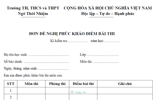 Biểu mẫu Đơn đề nghị phúc khảo điểm bài thi