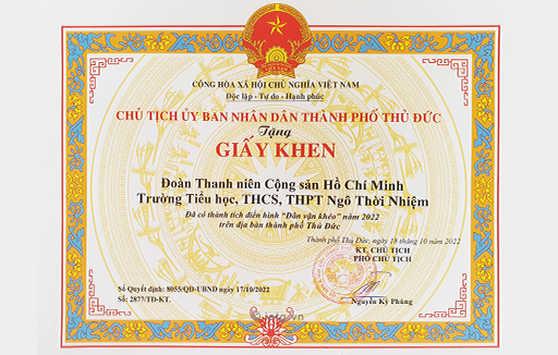 Đoàn thanh niên cộng sản Hồ Chí Minh của trường Đã có thành tích điển hình Dân vận khéo năm 2022 trên địa bàn thành phố Thủ Đức