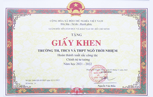 Giấy khen hoàn thành Xuất sắc công tác Chính trị tư tưởng năm học 2021 - 2022