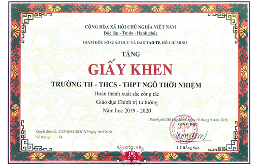 Giấy khen hoàn thành Xuất sắc công tác Giáo dục Chính trị tư tưởng năm học 2019 - 2020