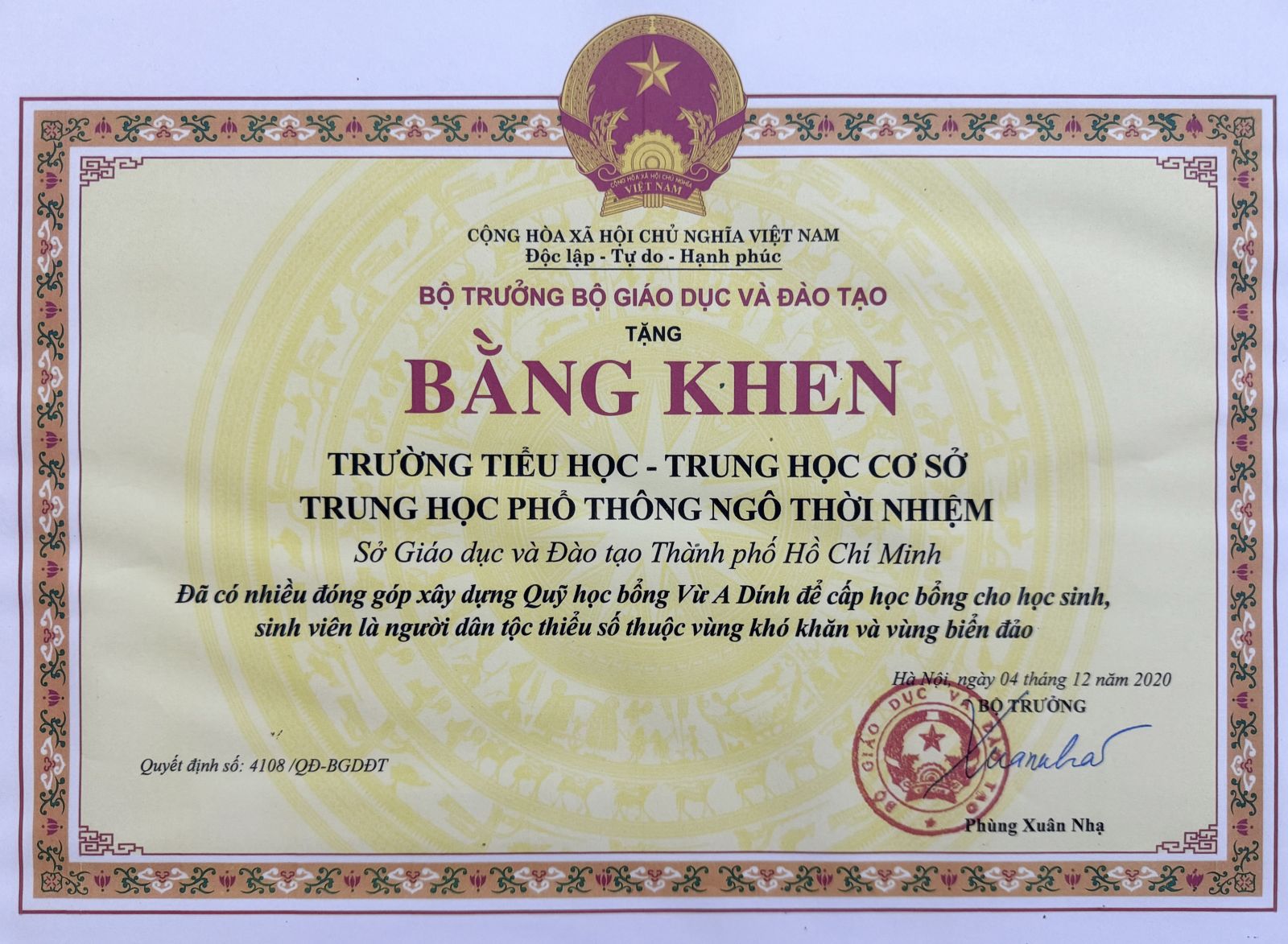 Bằng khen của Bộ trưởng Bộ Giáo dục và Đào tạo năm 2020