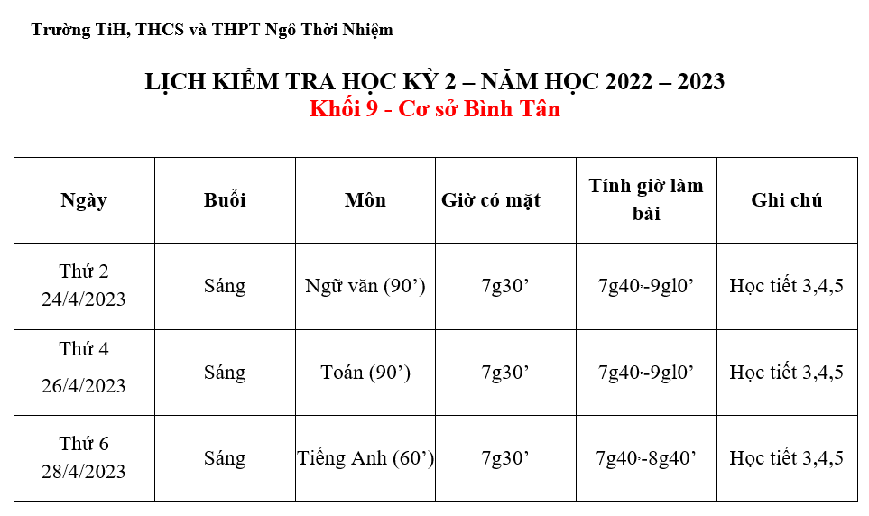 [HCM] Lịch kiểm tra Học kỳ 2 - Năm học 2022 - 2023